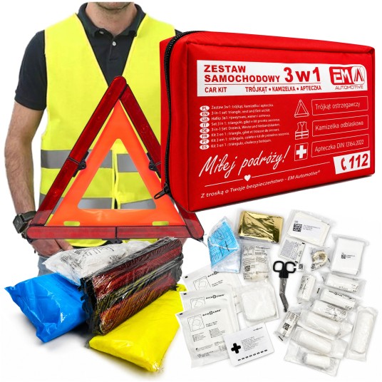 EM Automotive® Apteczka Samochodowa DIN 13164 Zestaw Pierwszej Pomocy z Trójkątem Ostrzegawczym i Ka -zdjęcie numer 1