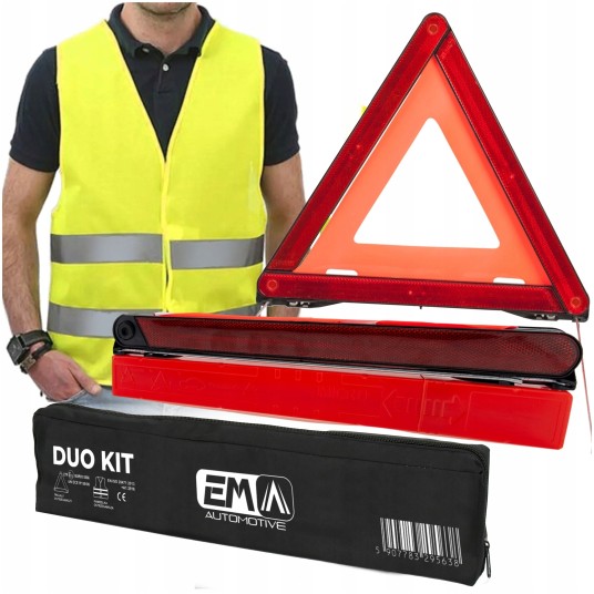 EM Automotive® Zestaw DUO KIT Trójkąt Ostrzegawczy Składany E13 z Kamizelką Odblaskową i Etui -zdjęcie numer 1