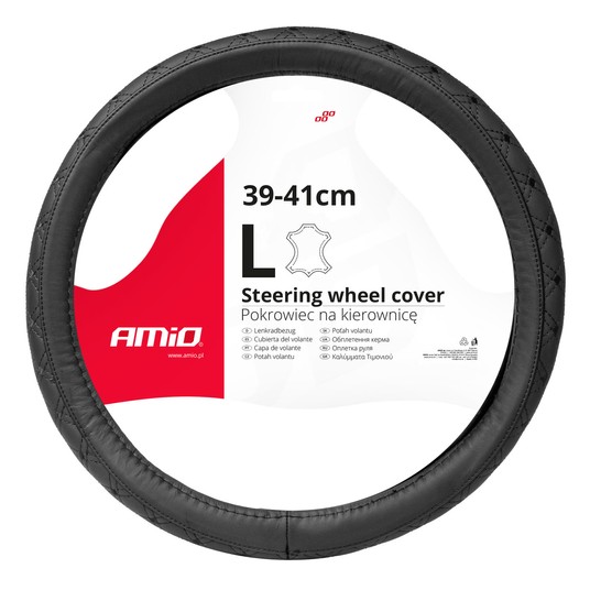 Pokrowiec skórzany pikowany nakładka na kierownicę samochodową L 39-41cm SWC-51-L AMIO-03562 -zdjęcie numer 1