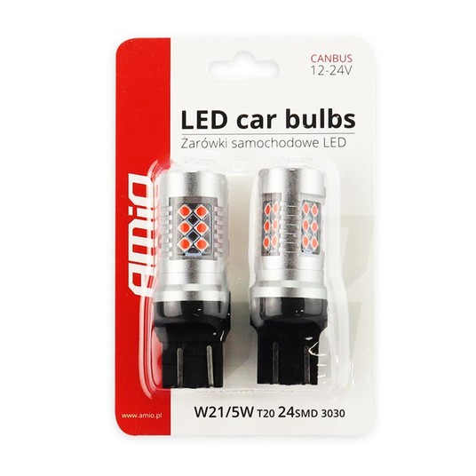 Żarówki LED CANBUS 24SMD T20 WR21/5W Red Czerwone 12V 24V AMIO-02581 -zdjęcie numer 2