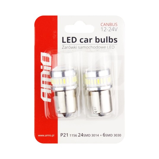 Żarówki LED CANBUS 3014 24SMD + 3030 6SMD BA15S P21W R10W R5W White 12V 24V AMIO-02448 -zdjęcie numer 2
