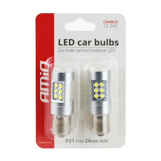 Żarówki LED CANBUS 3030 24SMD BA15S P21W White 12V 24V AMIO-01445 -zdjęcie numer 2