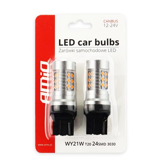 Żarówki LED CANBUS 3030 24SMD T20 WY21W Pomarańczowa Amber 12V 24V AMIO-02393 -zdjęcie numer 2