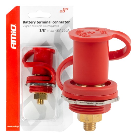 Złącze zasilania akumulatora czerwone plus z zaślepką 3/8 M10 12V 24V 48V 250A AMIO-03814 -zdjęcie numer 1