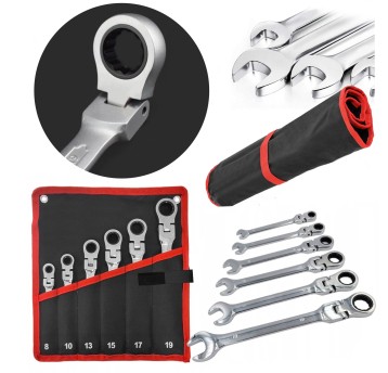 EM Automotive® Zestaw 6 Kluczy Płasko Oczkowych z Grzechotką Łamanych 8 do 19 mm CrV