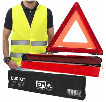 EM Automotive® Zestaw DUO KIT Trójkąt Ostrzegawczy Składany E13 z Kamizelką Odblaskową i Etui