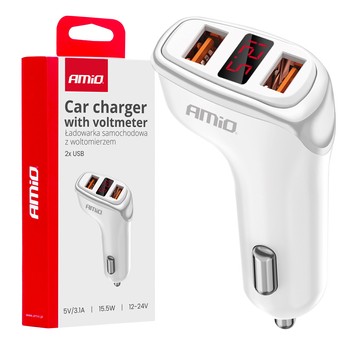 Ład. samoch. 2x USB-A + woltomierz 3.1A