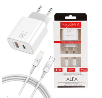 ŁAD. SIECIOWA MX ALFA 20W PD+QC, USB-A+C+ KAB. C/L