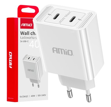 Ładowarka sieciowa 230V 2x USB-C 40W AMIO-03892