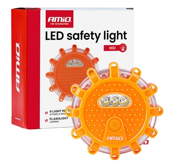 Lampa ostrzegawcza awaryjna z funkcją latarki 3xAAA IP65 12SMD + 3SMD światło czerwone AMIO-02499