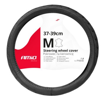 Pokrowiec skórzany pikowany nakładka na kierownicę samochodową M 37-39cm SWC-51-M AMIO-03561