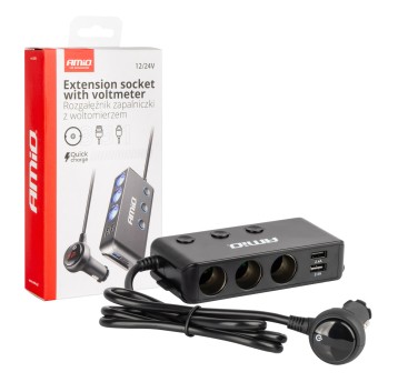 Rozdzielacz rozgałęźnik trójnik zapalniczki + woltomierz ładowarka USB USB-C 12V 24V AMIO-03781