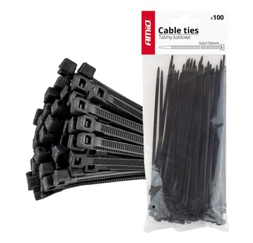 Taśmy opaski zaciskowe kablowe czarne 3,6x150mm - 100 szt. AMIO-02153