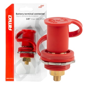 Złącze zasilania akumulatora czerwone plus z zaślepką 3/8 M10 12V 24V 48V 250A AMIO-03814